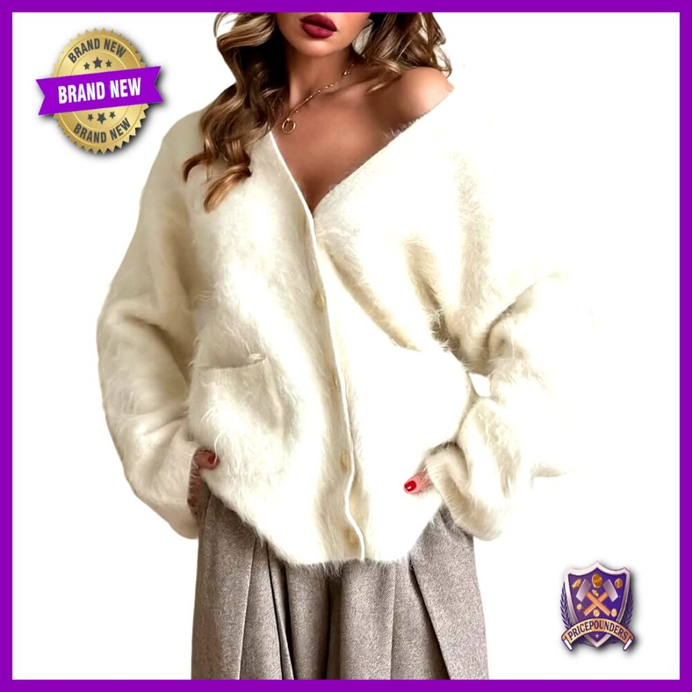 Fuzzy V-Neck Cardigan Sweater with Pockets, Loose Fit, Long Sleeve